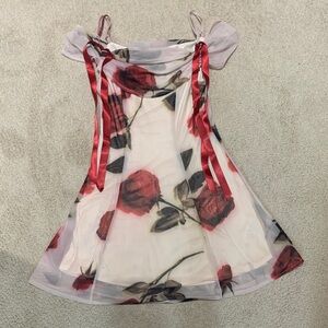 Girls Red Rose Print Chiffon Dress Top
